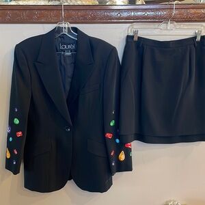 LAUREL - ESCADA Vintage suit wool blazer / skirt black embroidered patch sleeve